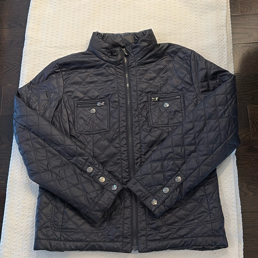 Navy Laundry by Shelli Segal quilted jacket w/leopard lining and hood, size XL.